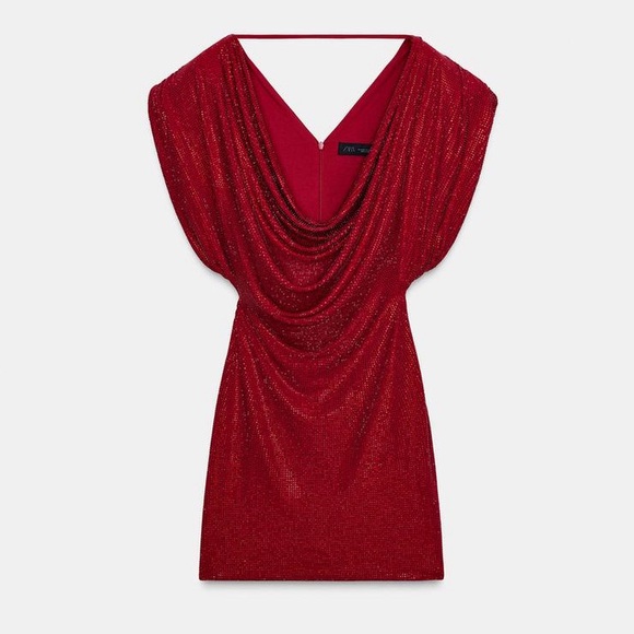 ZARA NWT SHORT DRESS WITH RHINESTONE SHOULDER PADS SIZE M red Valentine’s day - Picture 8 of 16